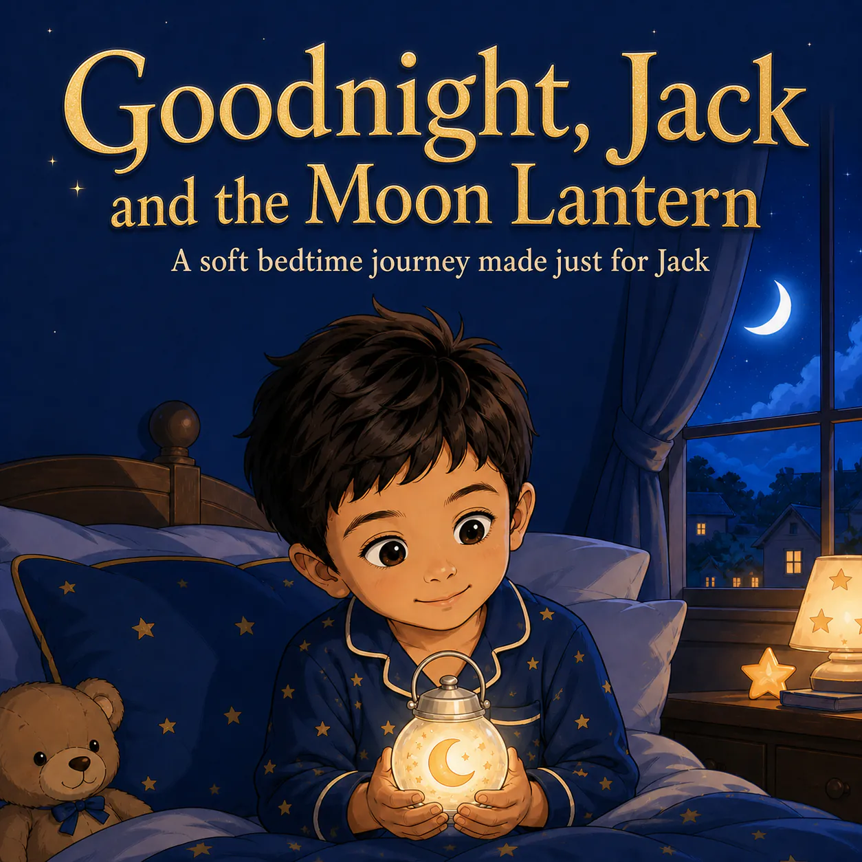 Personalized book cover for Goodnight — anime in Anime illustration style