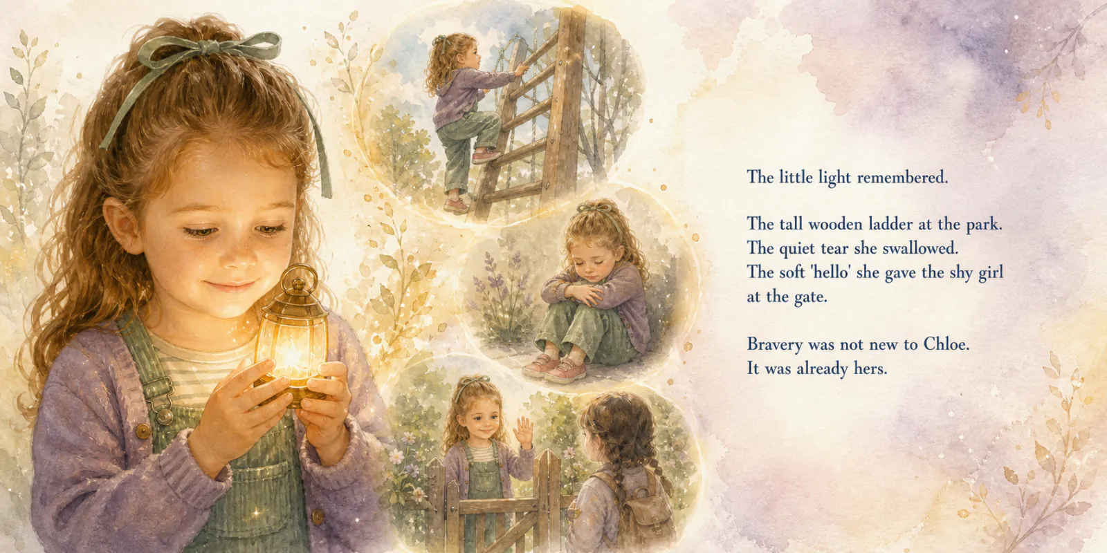 Personalized storybook inside spread 4 from The Brave — watercolor