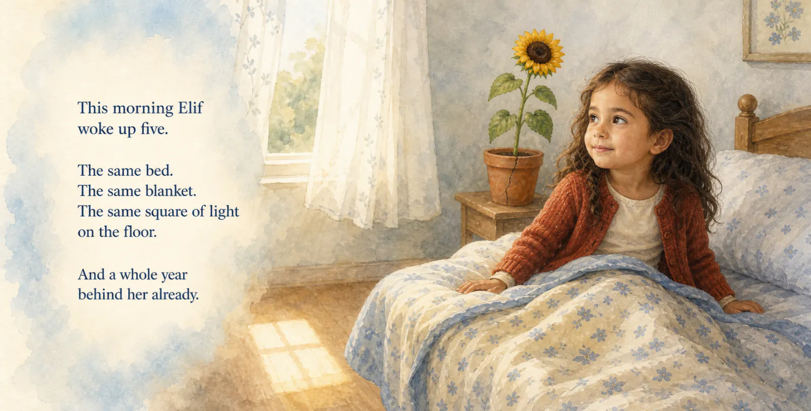 Personalized storybook inside spread 1 from The Year You Turned [Age] — watercolor